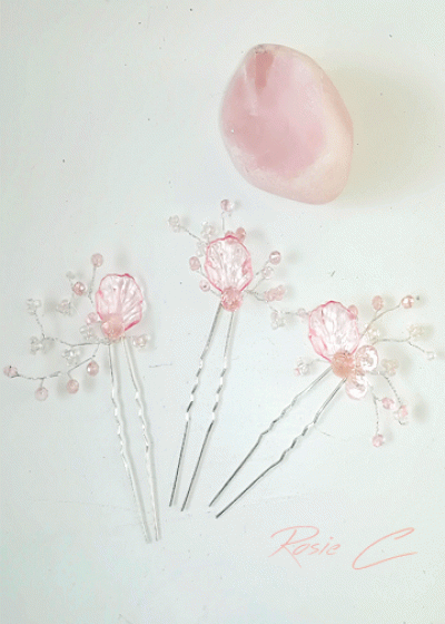 Дизайнерски кристални розови фуркети за коса серия Japanese Blossom комплект 3 броя